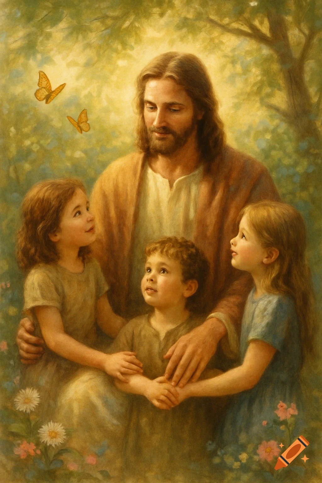 A soft, painterly image of Jesus with three young children in a sunny garden with flowers and butterflies.