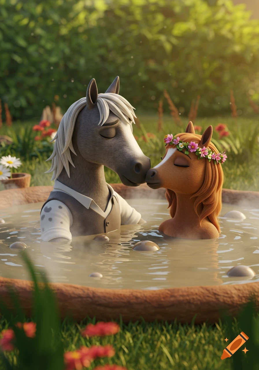 A 3D animated anthropomorphic horse couple kissing while relaxing in an outdoor mud hot tub.