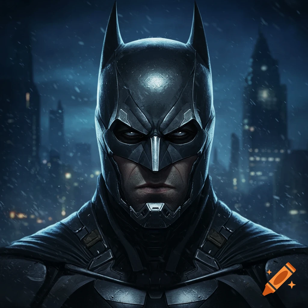 A close-up digital painting of Batman in his dark armored suit and cowl, with a blurred, snowy city in the background.