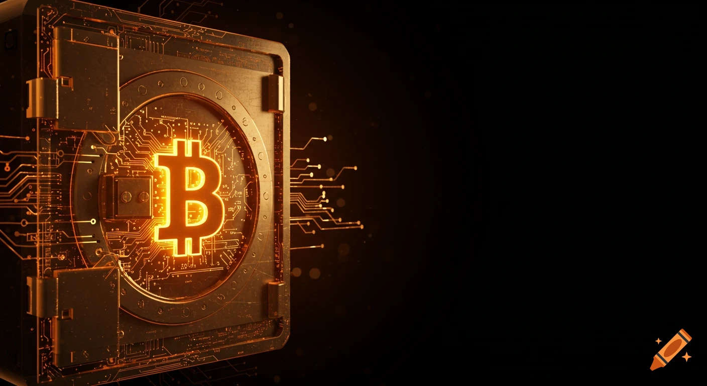 A glowing orange Bitcoin symbol on a futuristic, metallic vault door with circuit board patterns, set against a dark background.