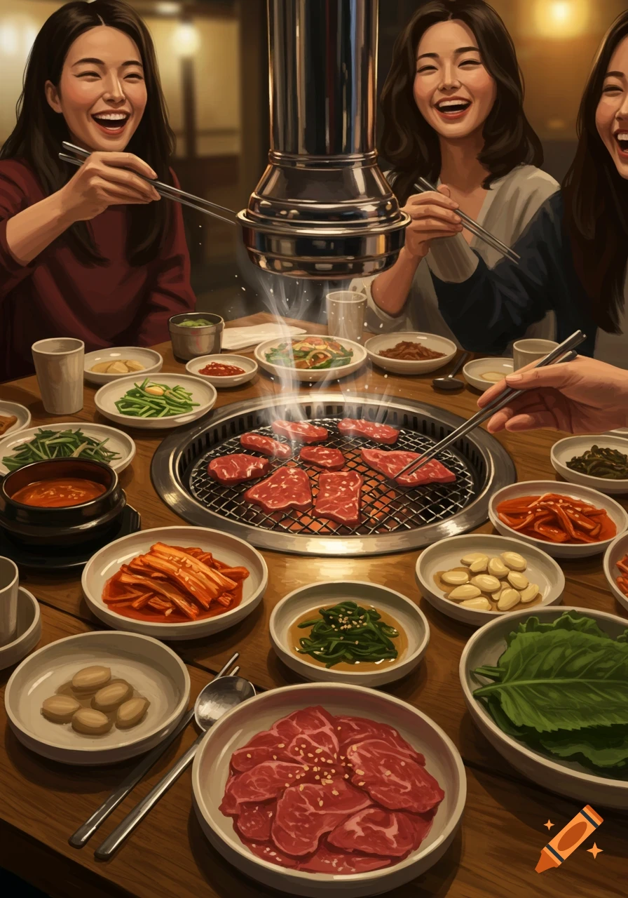 Smiling women gather around a sizzling Korean BBQ grill, cooking meat and sharing many side dishes in an illustrated style.
