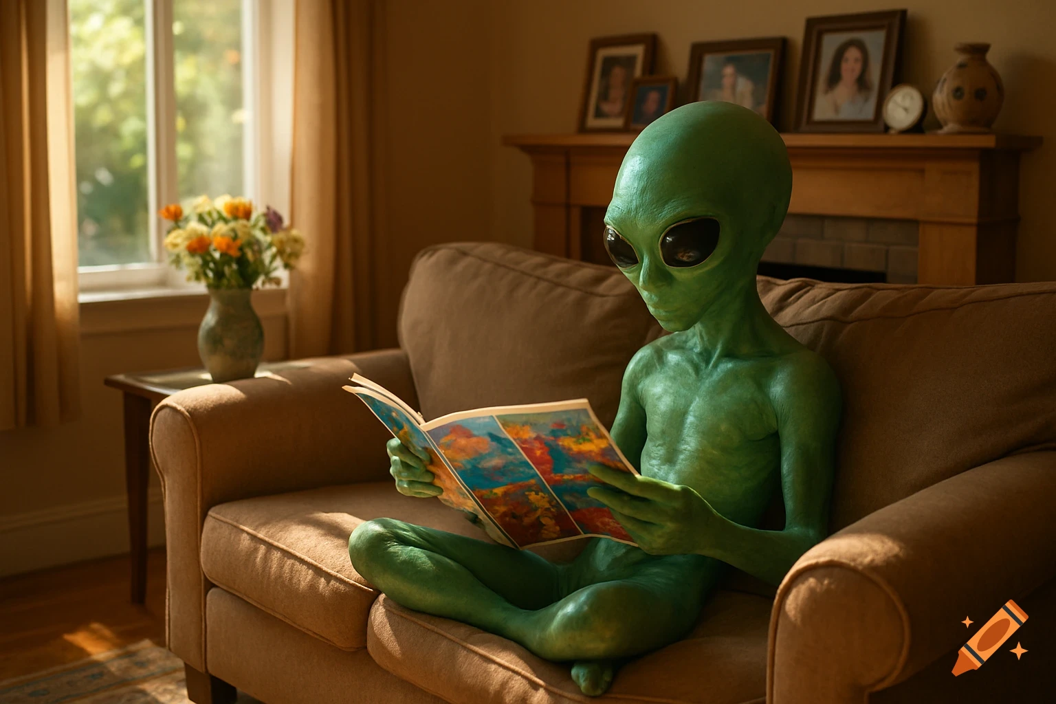 A friendly green alien sits cross-legged on a brown couch in a cozy living room, reading a colorful magazine, daylight from window.
