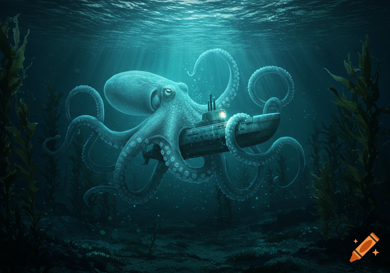 A large, creepy octopus with many tentacles grips a submarine deep underwater, with kelp and sunlight filtering from above.