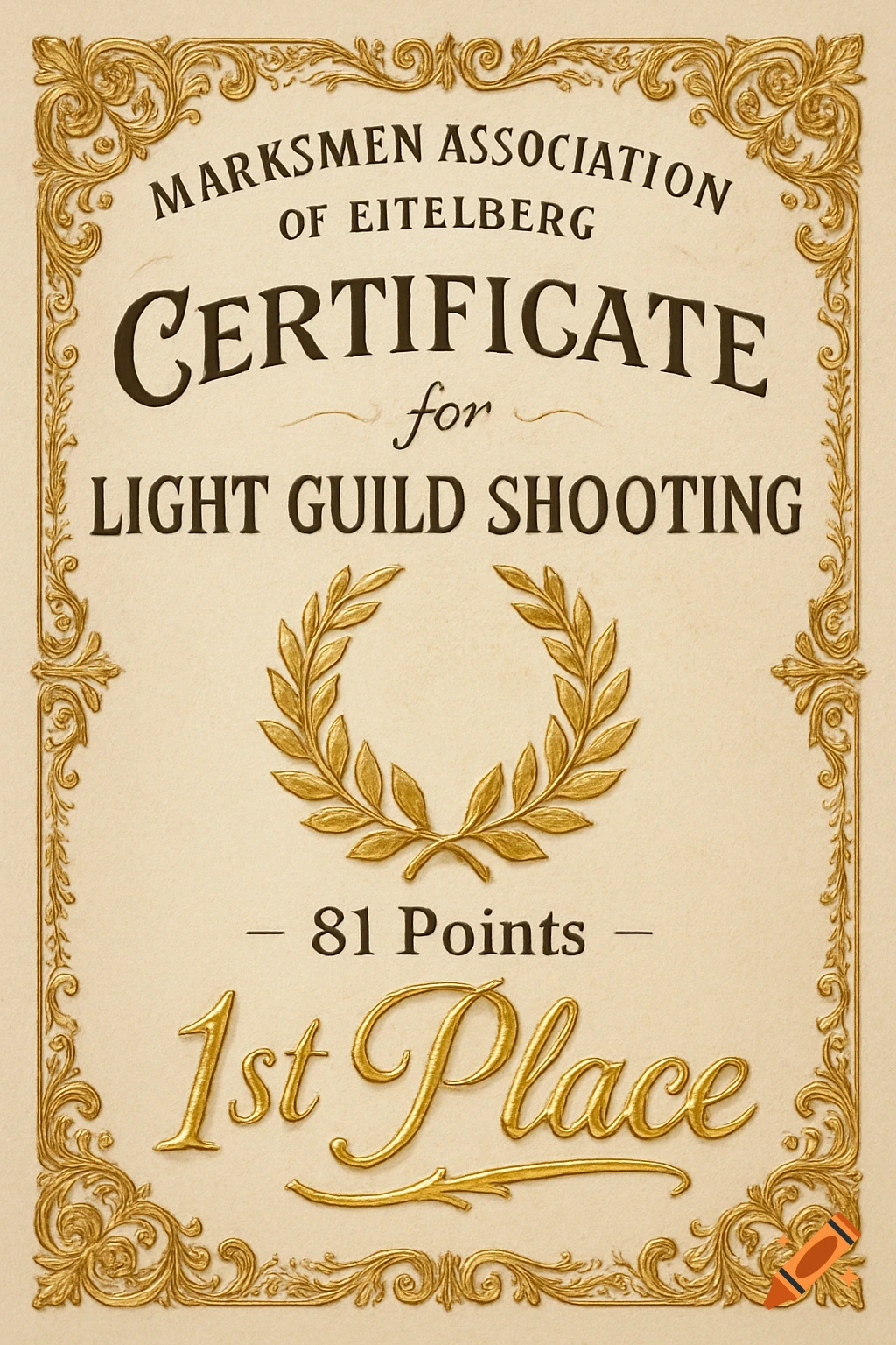 A decorative, vintage-style certificate with a golden ornate frame and laurel wreath, stating "MARKSMEN ASSOCIATION OF EITELBERG CERTIFICATE for LIGHT GUILD SHOOTING - 81 Points - 1st Place".