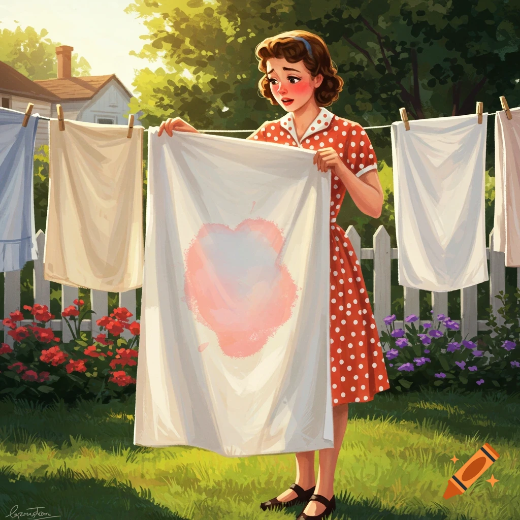 An embarrassed 1950s housewife holding a stained bedsheet on a clothesline in an outdoor illustration.