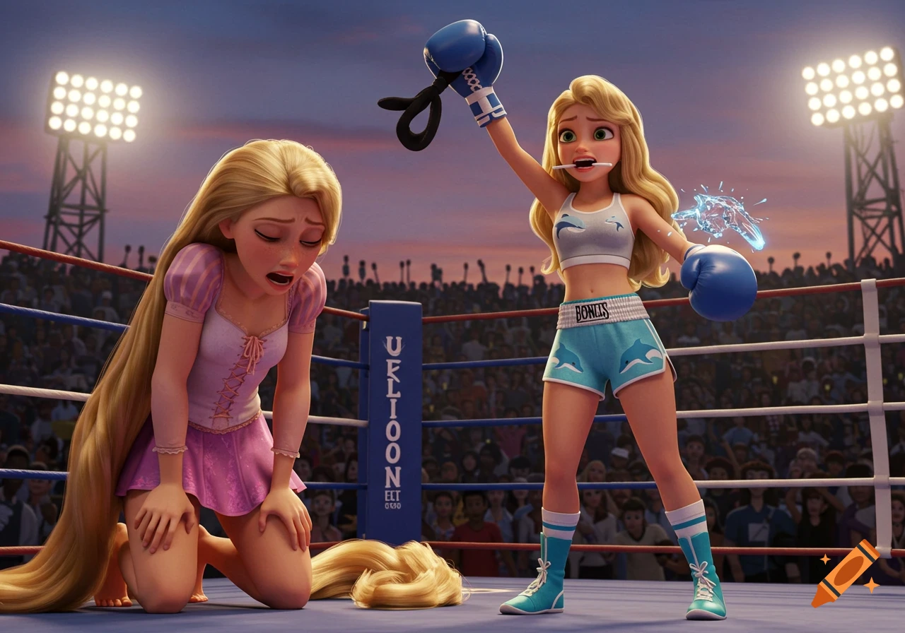 Animated Rapunzel kneels dejected in a boxing ring as another blonde boxer, wearing blue dolphin shorts and boxing gloves, raises her arm in victory, holding Rapunzel's mouthpiece.