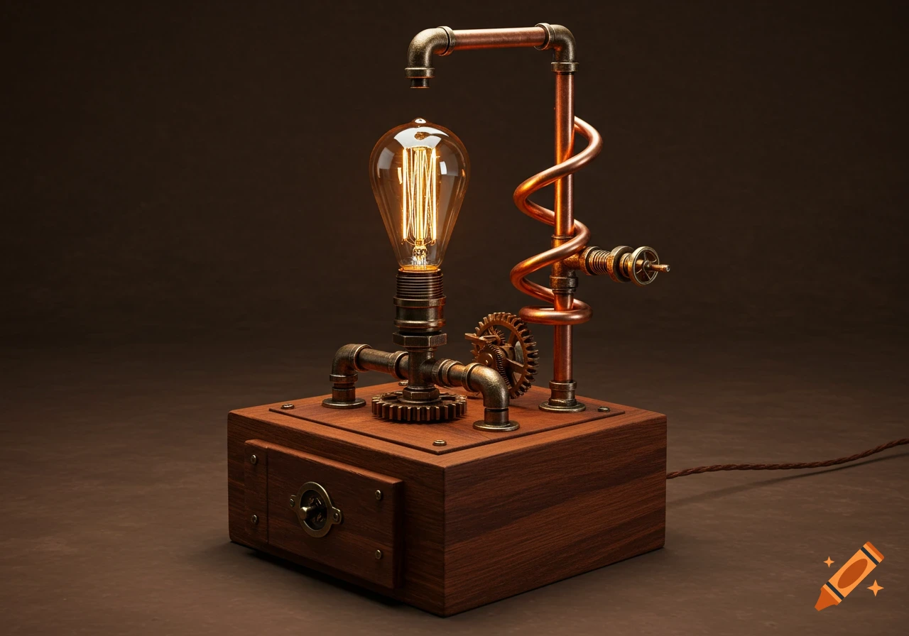 A detailed steampunk lamp with an Edison bulb, copper pipes, gears, and a dark wooden rectangular base against a dark brown background.