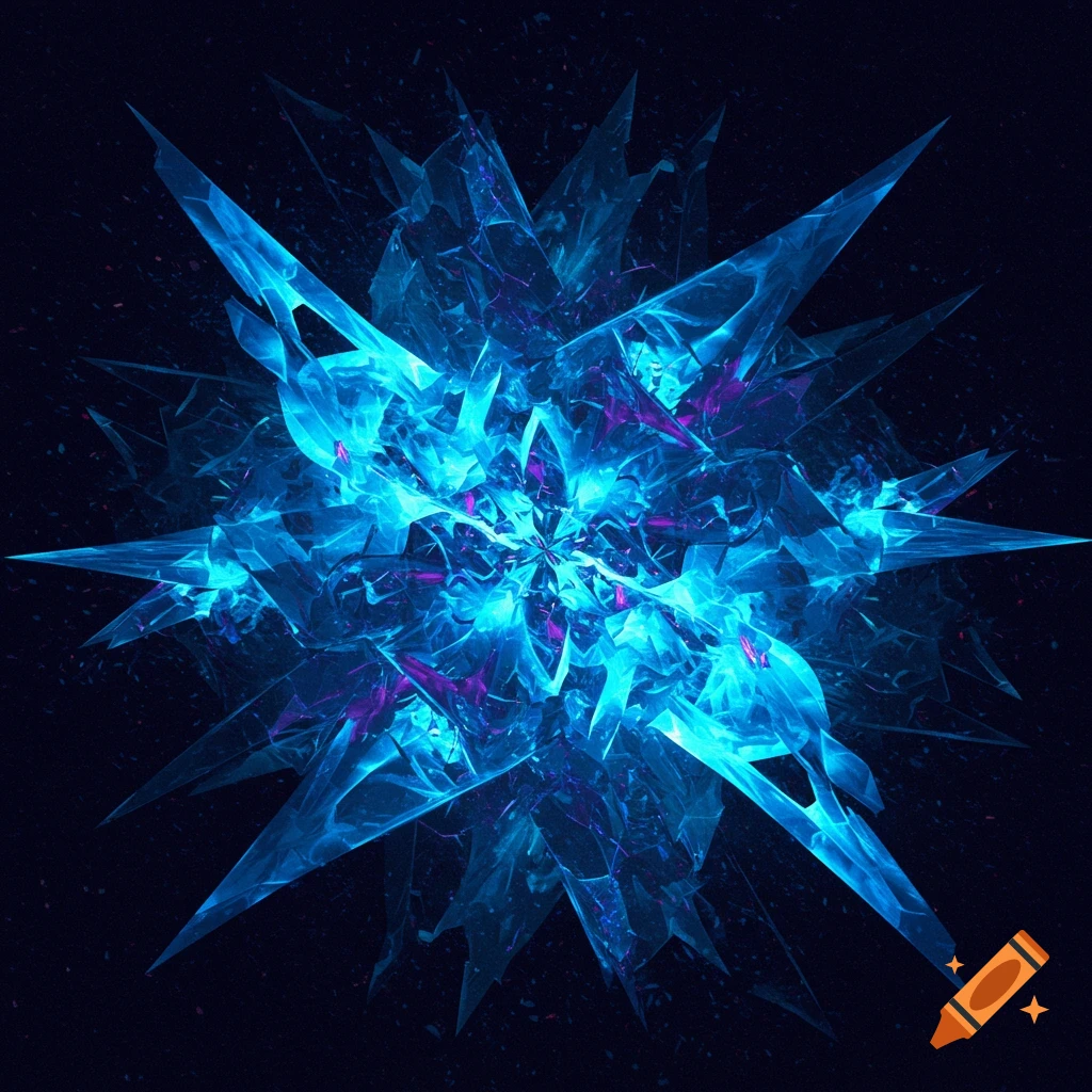 An abstract, glowing blue and purple spiky geometric fractal on a dark background.