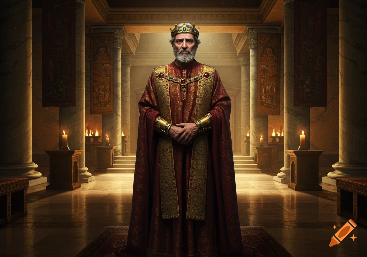 A solemn king with a grey beard, wearing ornate red and gold robes and a crown, stands in a grand candlelit hall.