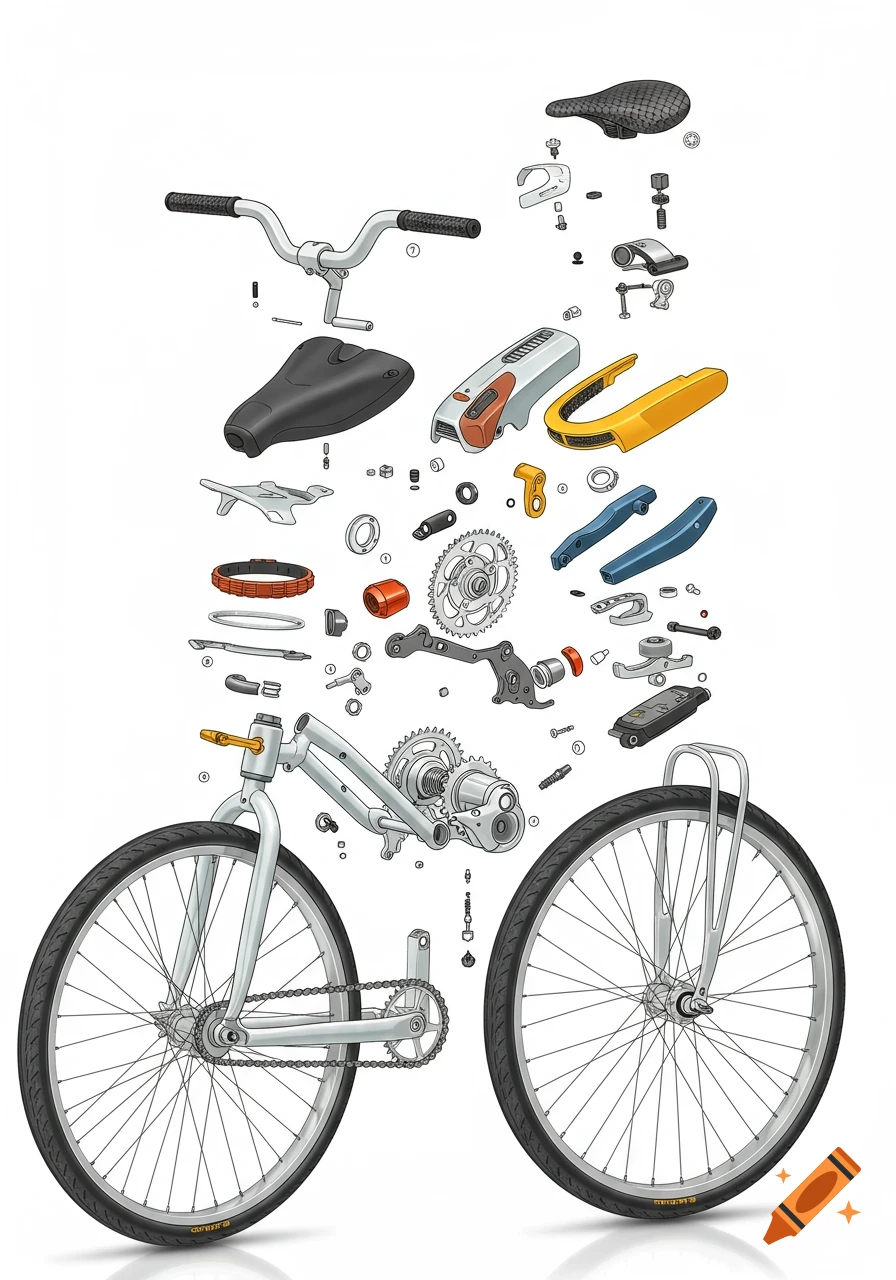 A detailed exploded view technical drawing of a bicycle with its components disassembled and floating against a white background.