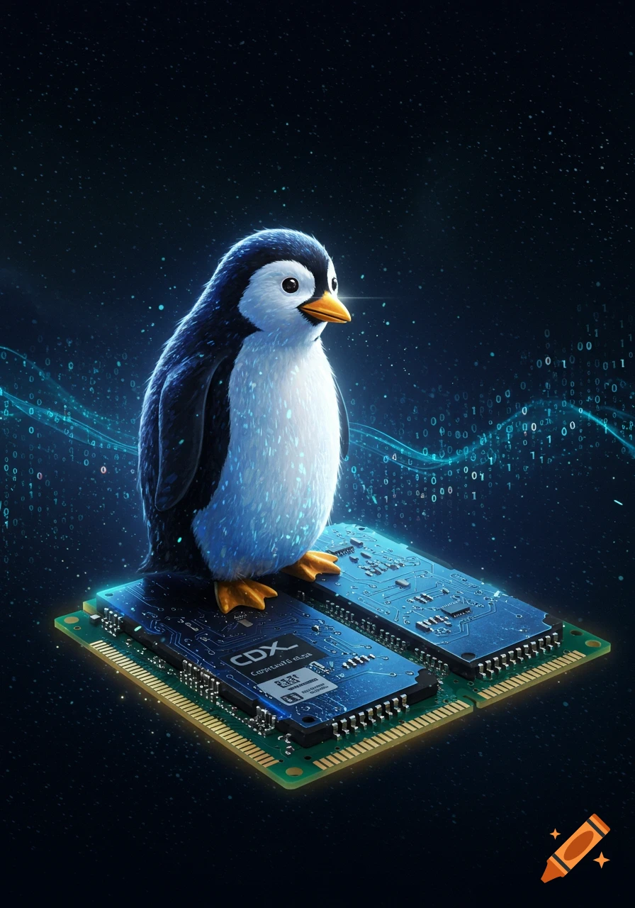 A fluffy cartoon penguin stands on two blue computer memory modules with glowing binary code in the dark blue background.