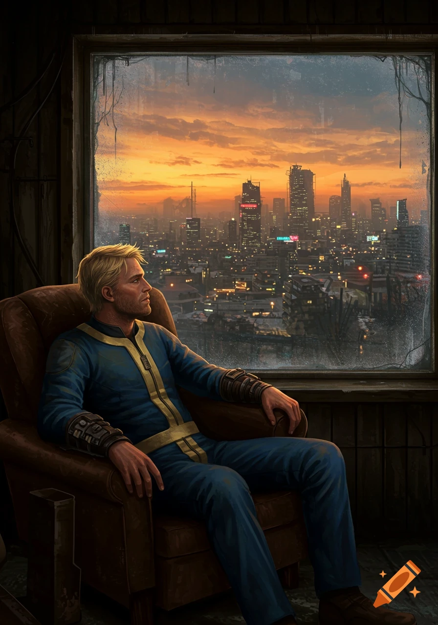 A blonde man in a blue and yellow Vault suit sits in a chair, looking out a dirty window at a vast city skyline at sunset.