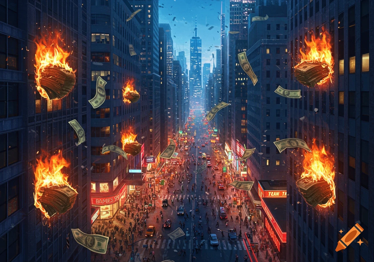 An aerial view of a busy city street lined with skyscrapers, as stacks of burning money and dollar bills fall from the sky.