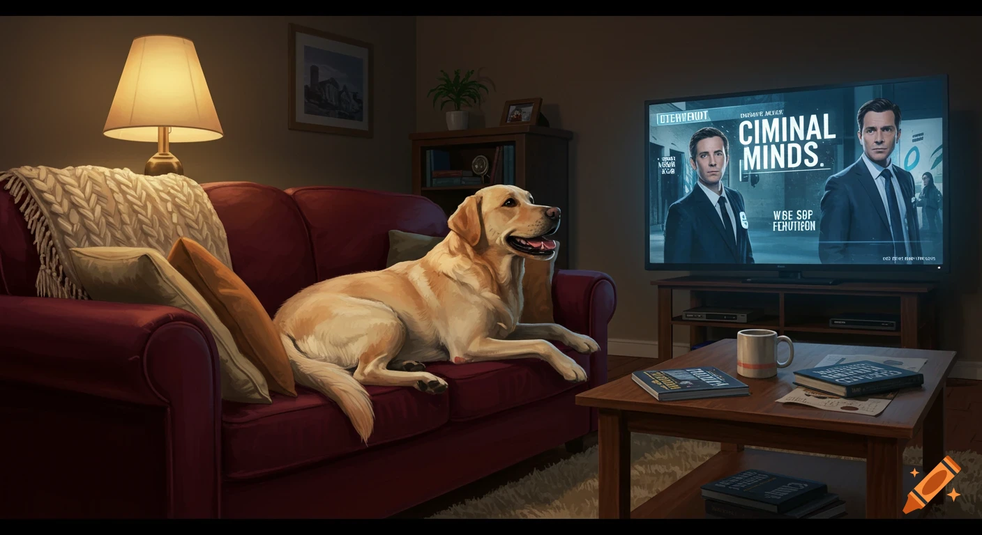 A happy yellow Labrador lies on a red couch, watching the TV show 'Criminal Minds' in a dimly lit living room.