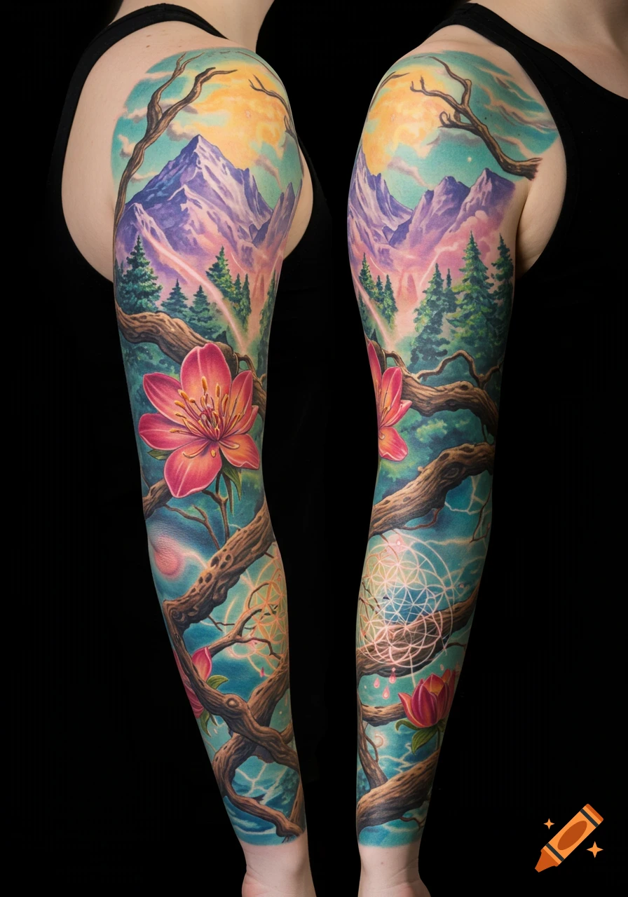 A vibrant full sleeve tattoo featuring colorful mountains, a forest, large pink flowers, twisted branches, and sacred geometry patterns in a surreal style.