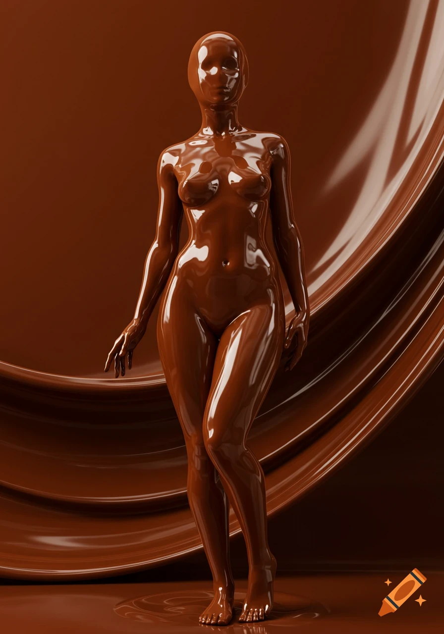 Hyperrealistic, glossy female figure made of melted chocolate, standing in a swirl of chocolate against a brown background.