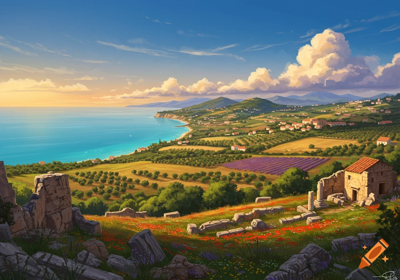 A vibrant painting of a Mediterranean coastal landscape with ancient ruins, a lavender field, olive groves, and a village by the turquoise sea at sunset.