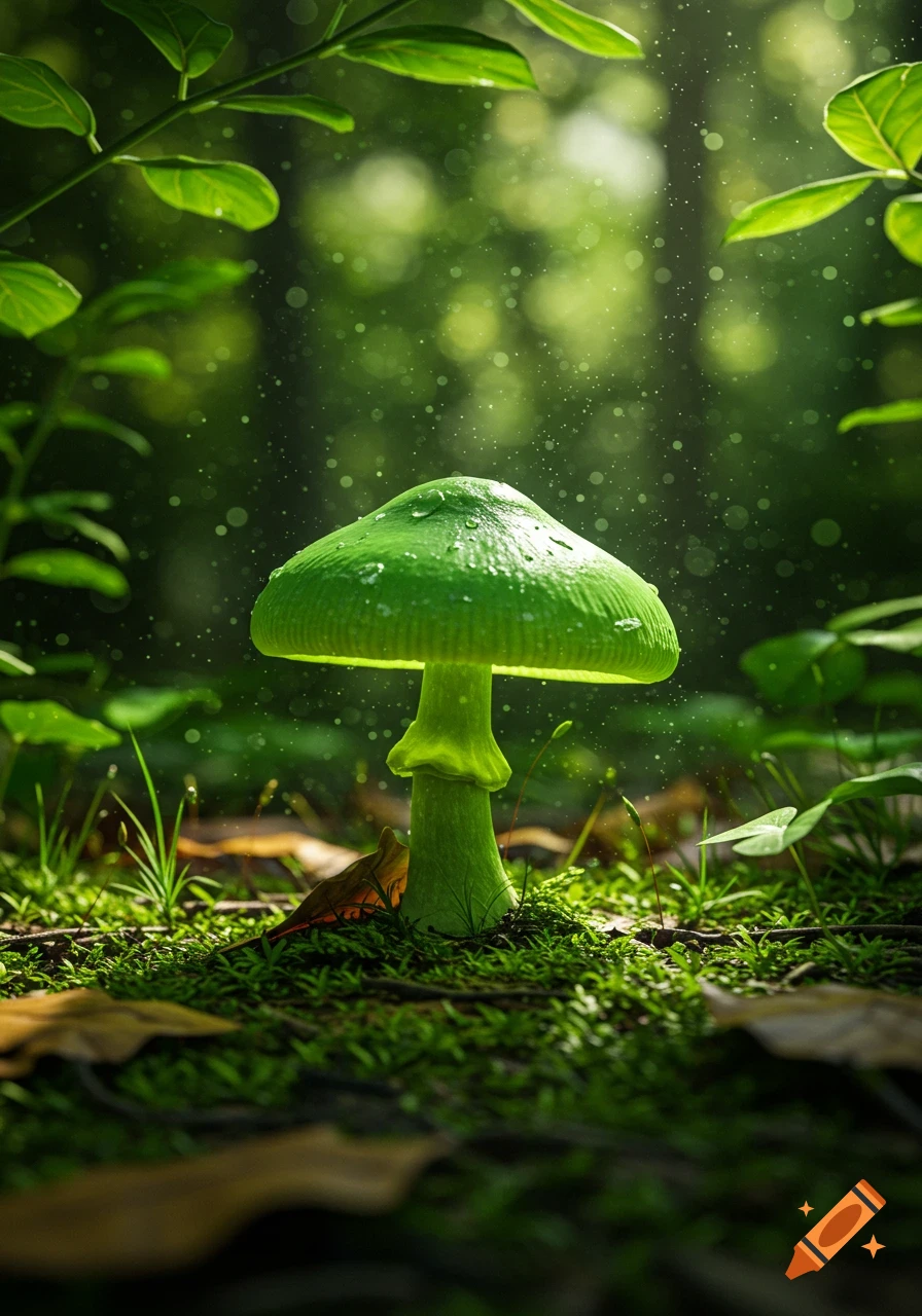 A vibrant green mushroom with water droplets stands on mossy forest ground, illuminated by dappled sunlight.