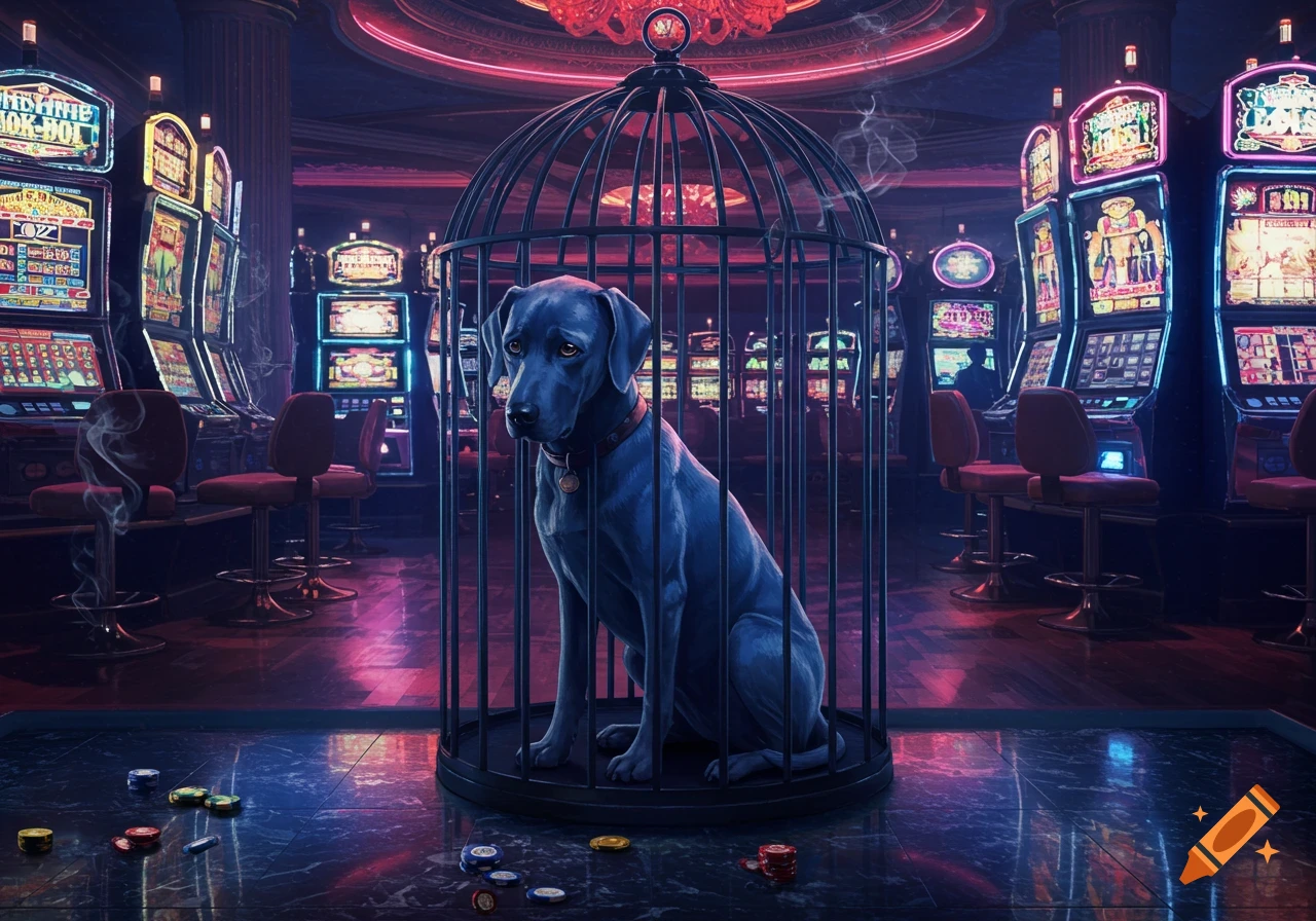 A sad blue dog sits in a black cage on a dark, reflective floor with poker chips, in a neon-lit casino with slot machines.