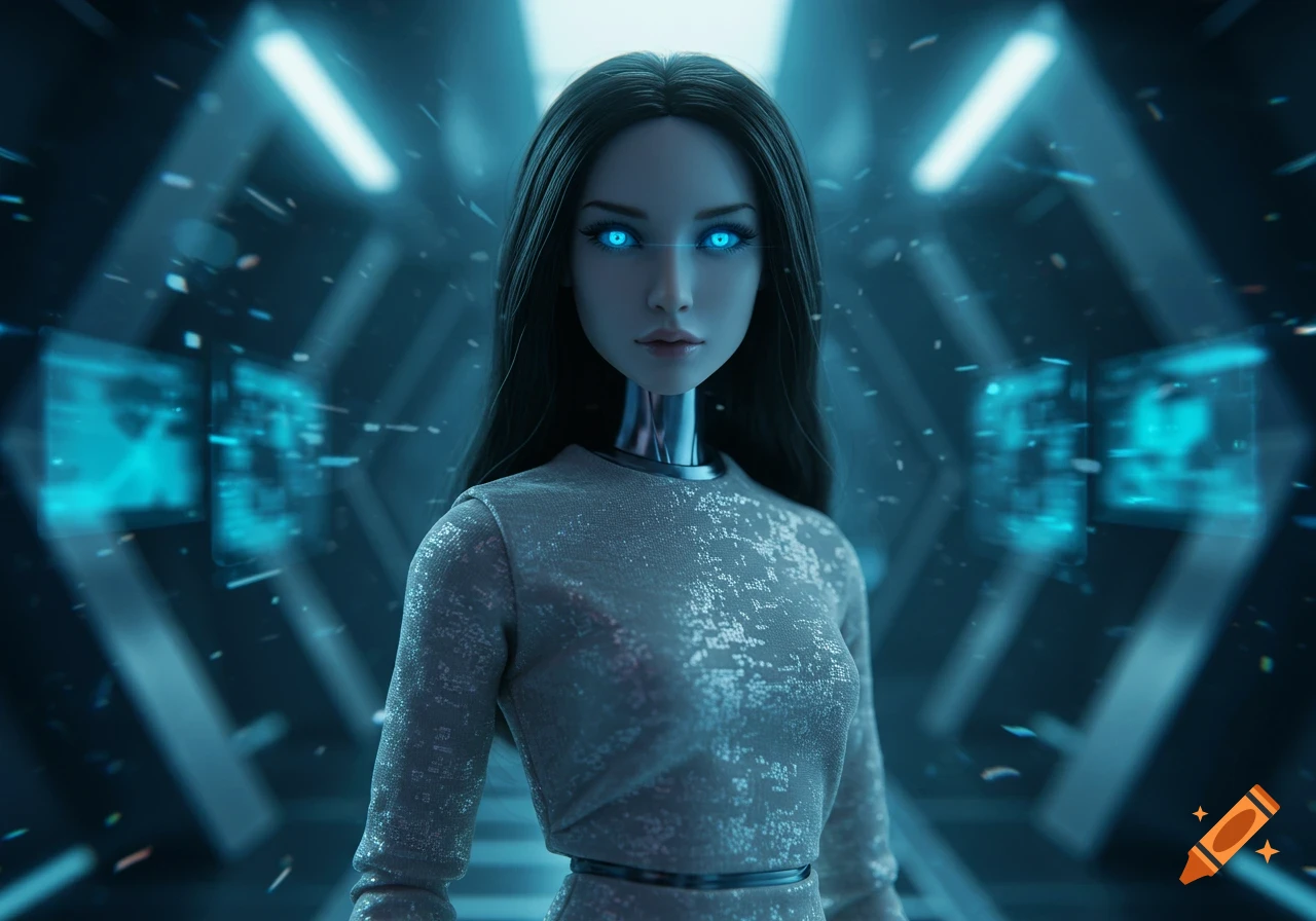 A humanoid robot doll with long dark hair, glowing blue eyes, and a metallic neck stands in a futuristic blue-lit environment.