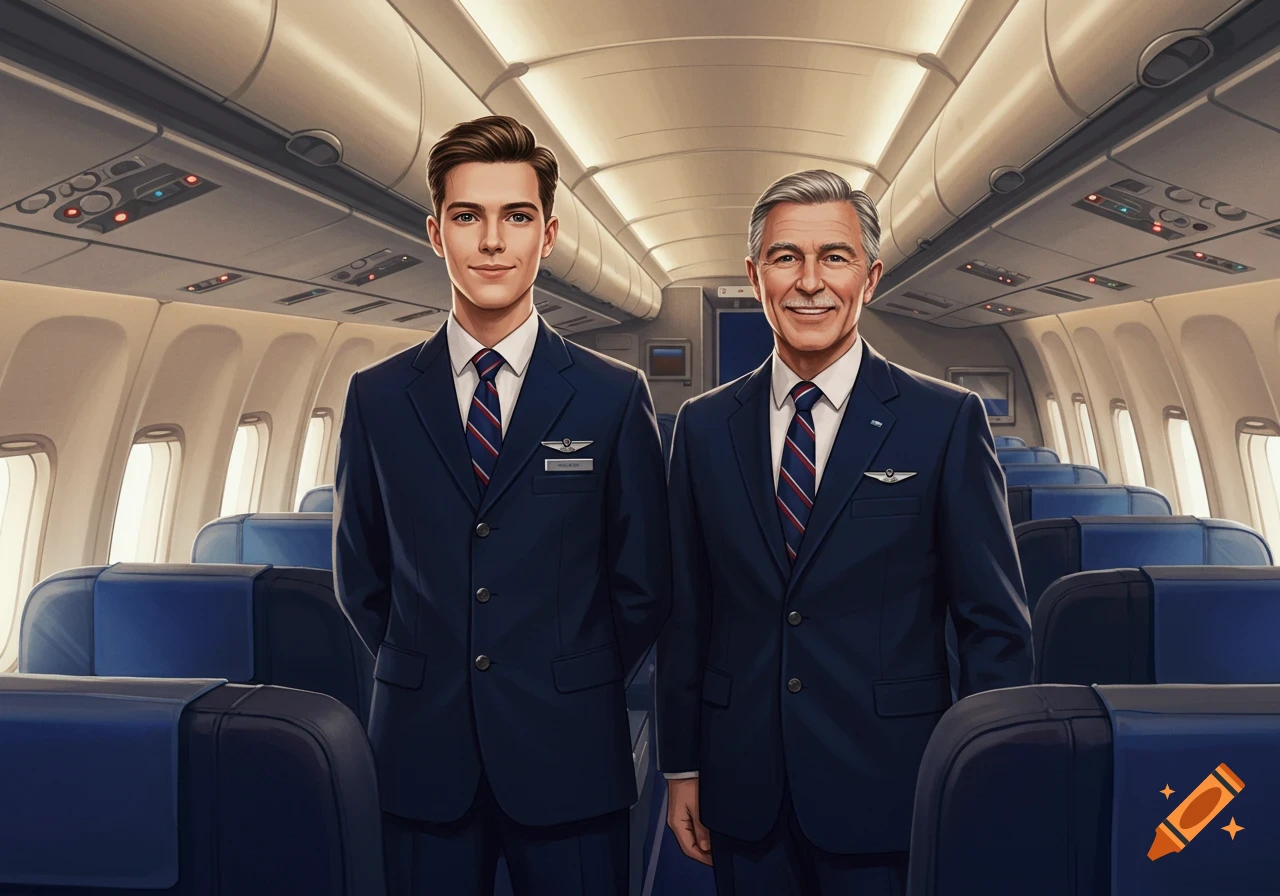 Two smiling men in airline pilot uniforms stand in an airplane cabin with blue seats, in an illustrative style.