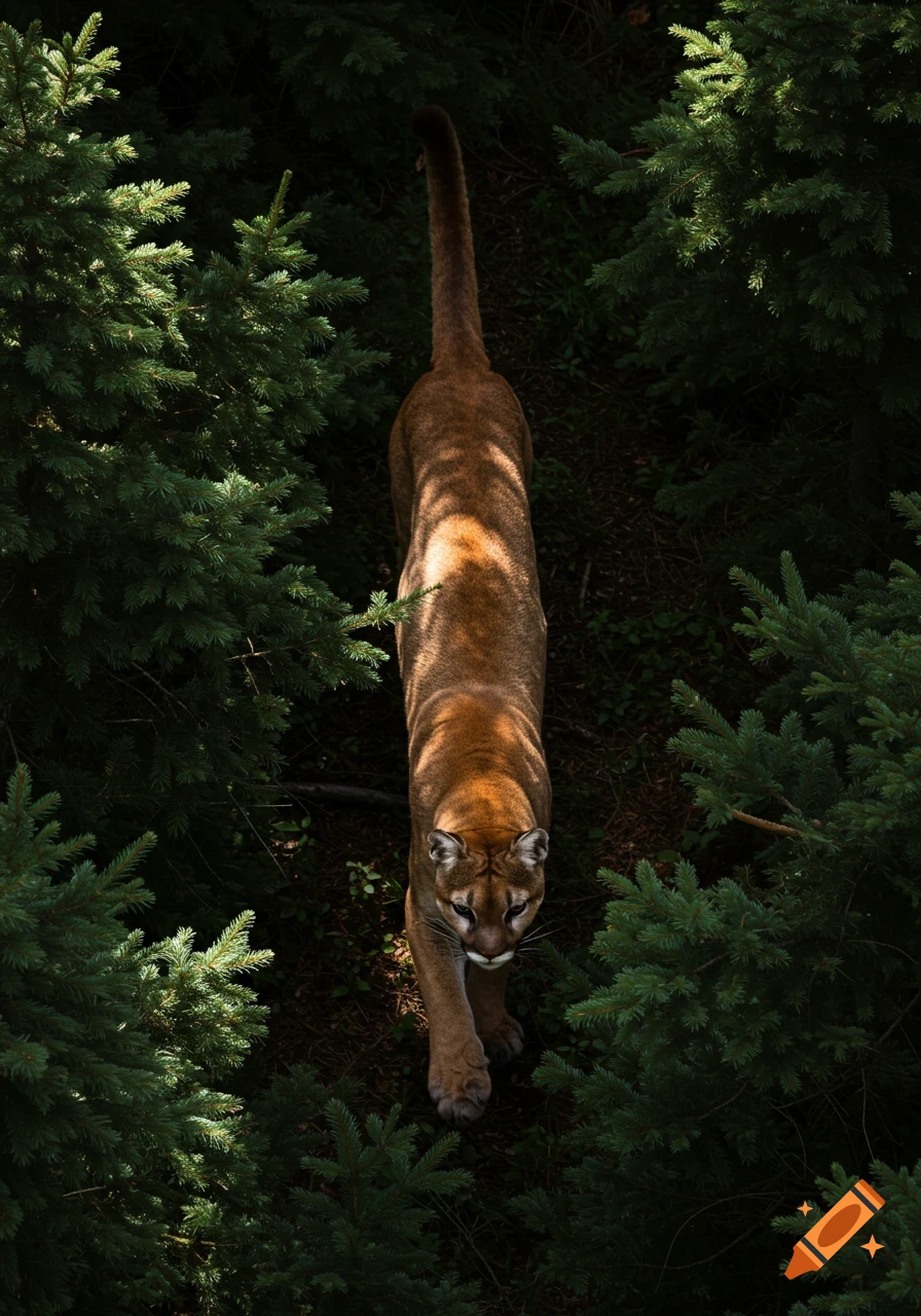 Photorealistic image of a cougar walking through a dense spruce forest, viewed from above, with sunlight illuminating its back.