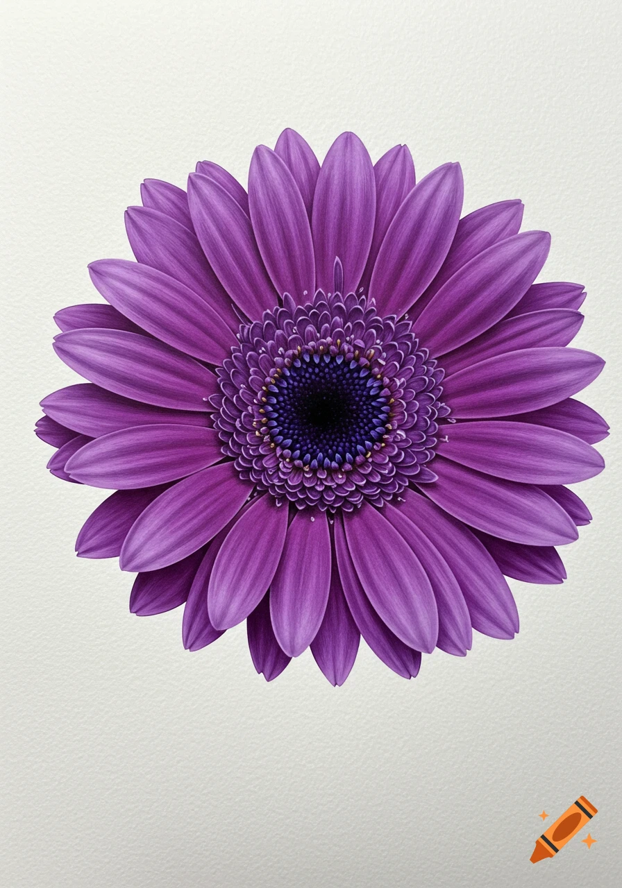 A detailed drawing of a vibrant purple gerbera flower centered on a white textured background.