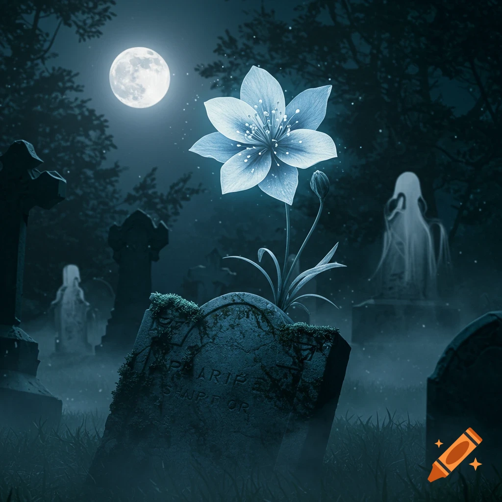 A glowing blue flower grows from an old, moss-covered tombstone in a misty graveyard under a full moon. Ghostly figures loom in the background.