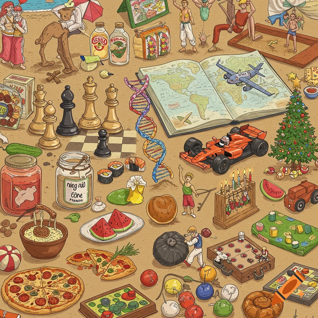 A busy cartoon illustration featuring numerous diverse objects, including chess pieces, an F1 race car, a DNA helix, a world map, various foods, and small figures on a beach.