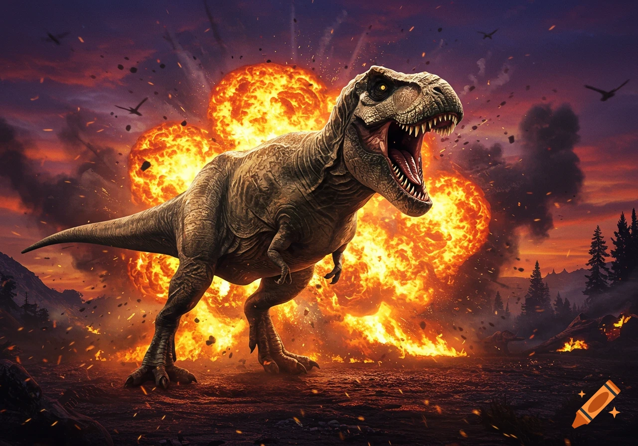 A massive T-Rex roars amidst fiery explosions at sunset in a dramatic prehistoric landscape, with debris flying.