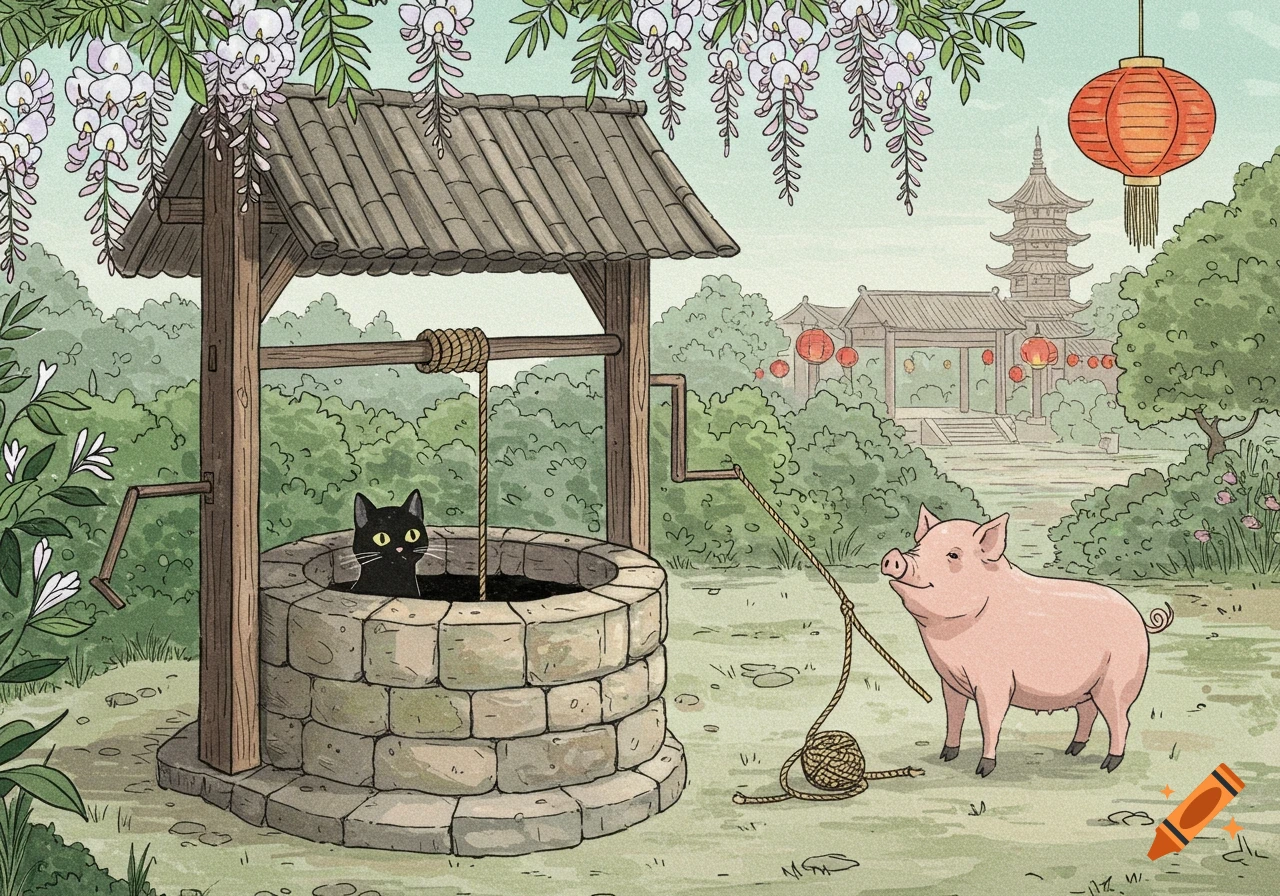 An illustration of a black cat looking out of a well, while a pink pig throws a rope into it, set in a traditional Chinese village with wisteria.
