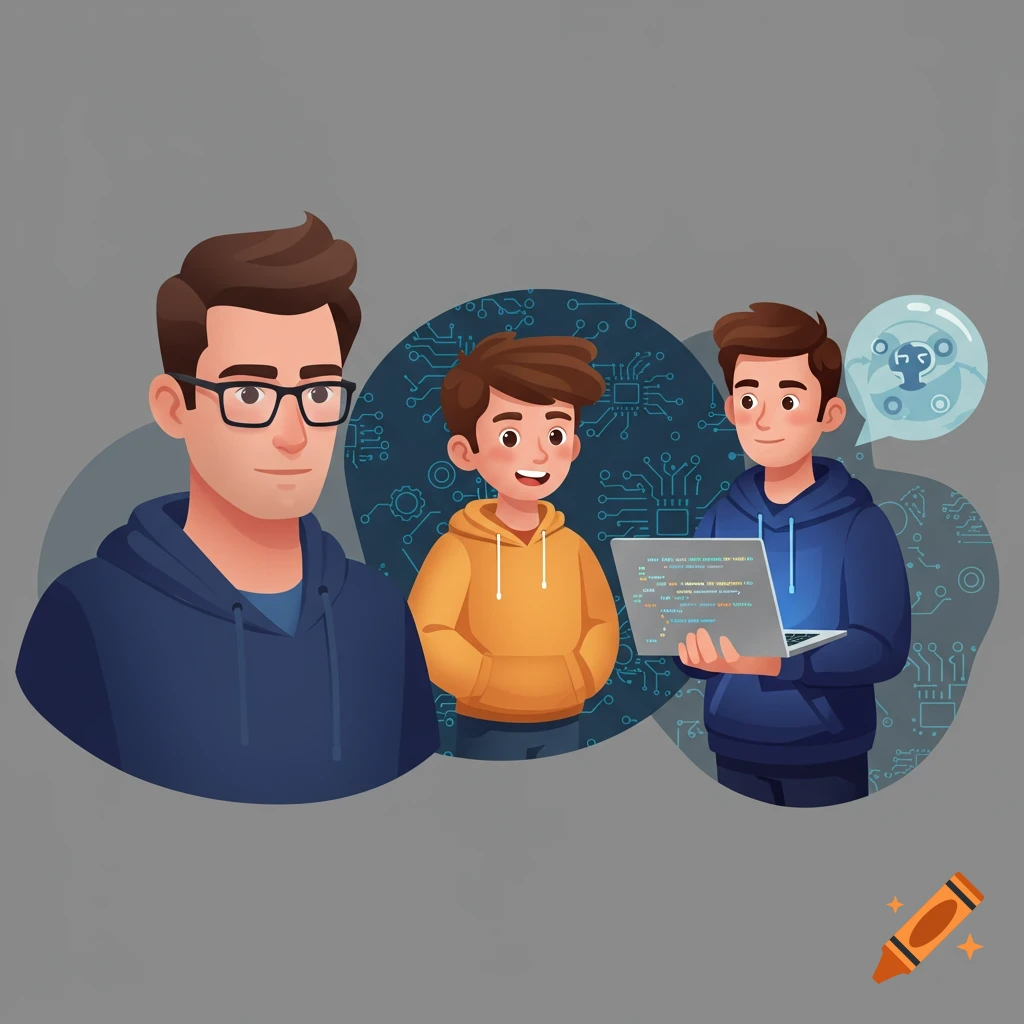 Cartoon illustration of three male programmers in hoodies, one with a ...