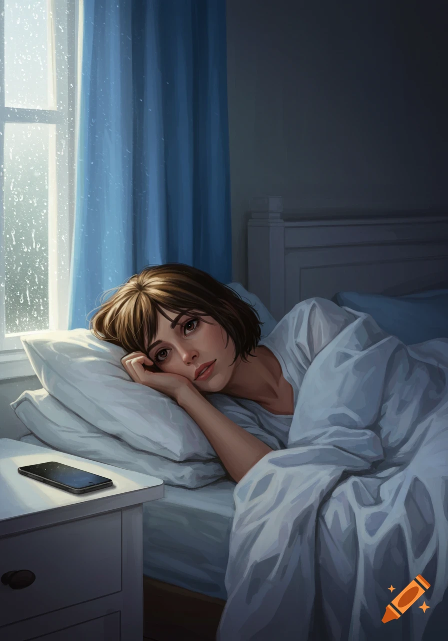 Semi-realistic illustration of a sad woman with short brown hair lying in bed, looking at the viewer as rain falls outside her window.