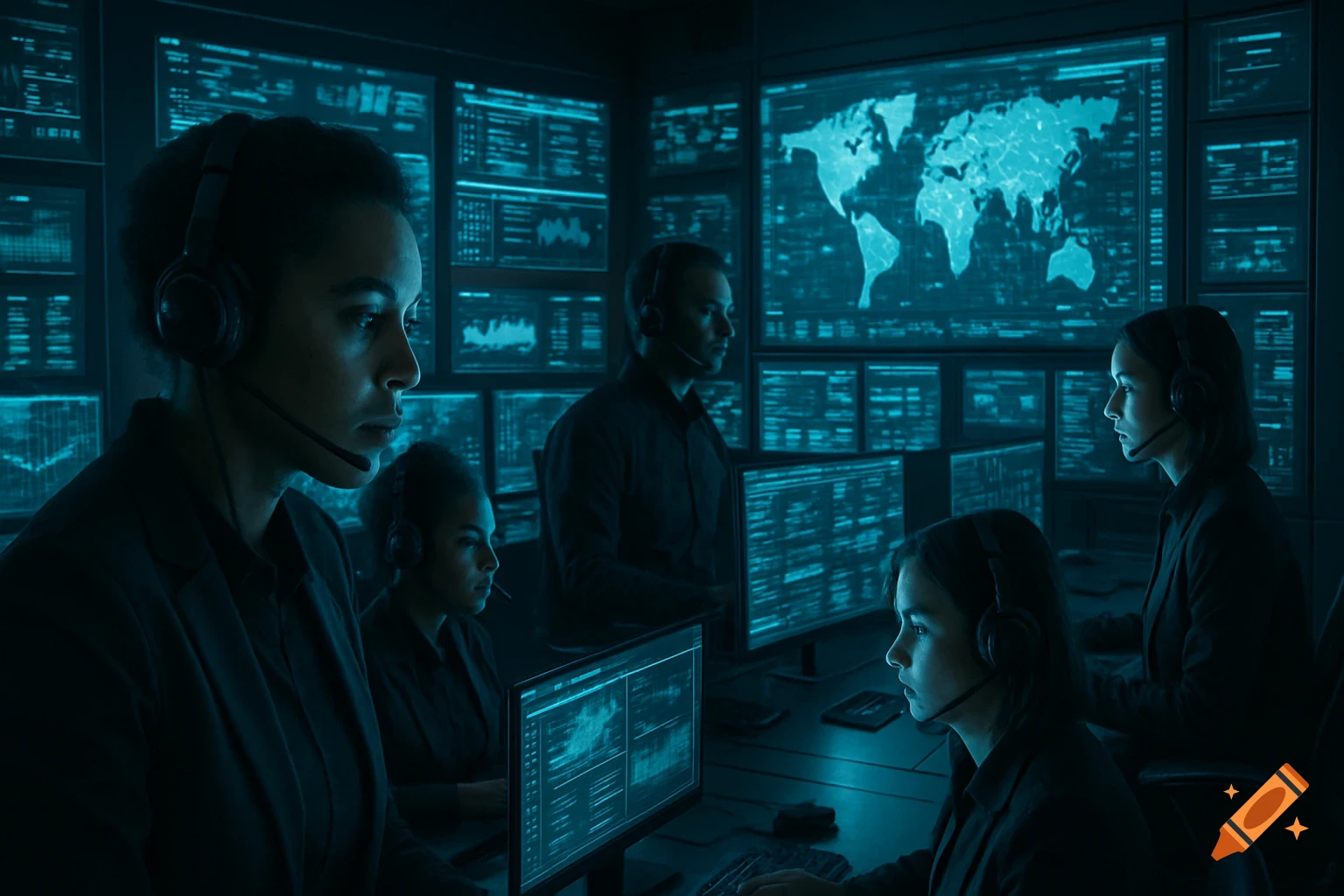 A group of people wearing headsets intently monitoring multiple glowing blue screens displaying data and a world map in a dark, high-tech control room.