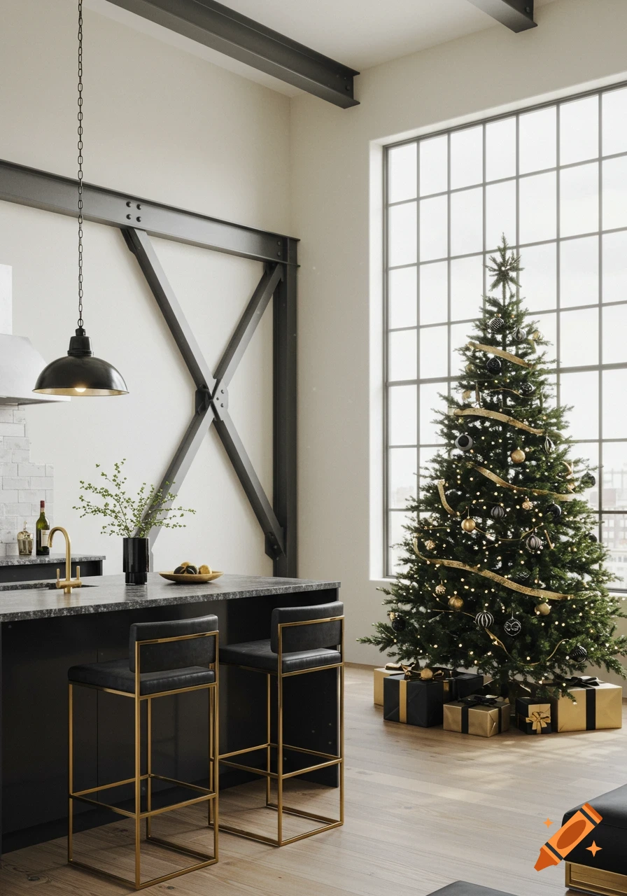 A modern loft apartment featuring a kitchen island with bar stools, exposed steel beams, and a Christmas tree by a large window.