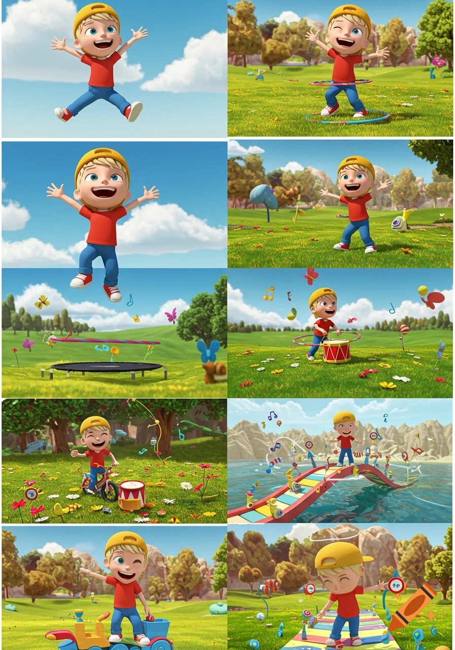 A cheerful cartoon boy in a yellow cap, red t-shirt, and blue pants playing in various vibrant Disney Pixar 3D scenes including jumping, hula hooping, and riding a toy train.