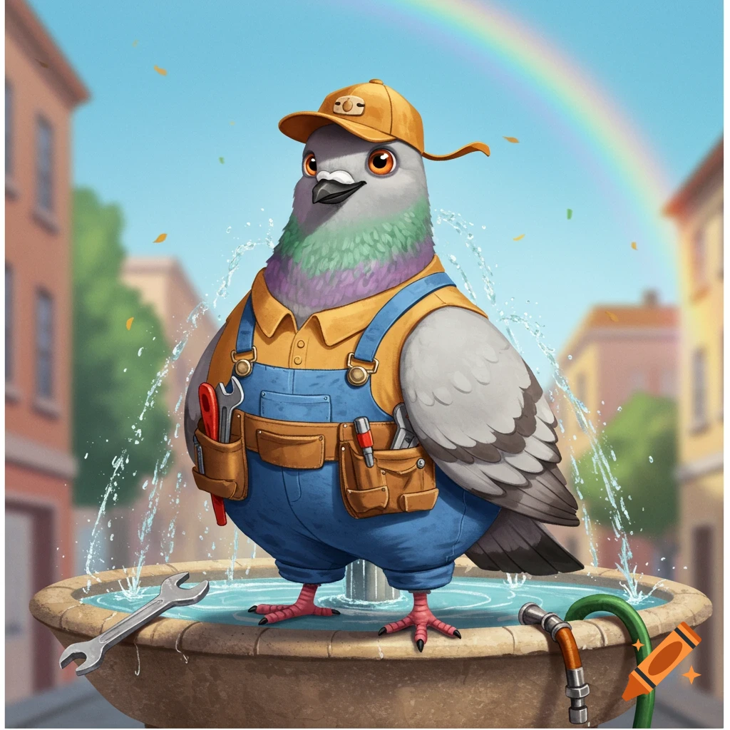 A cartoon pigeon wearing plumber overalls and a cap stands in a city fountain with a wrench, hose, and a rainbow overhead.