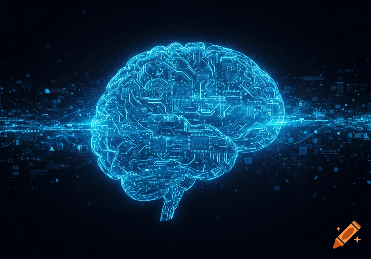 A glowing blue digital brain composed of intricate integrated circuits and neural network patterns, against a dark background with data streams.