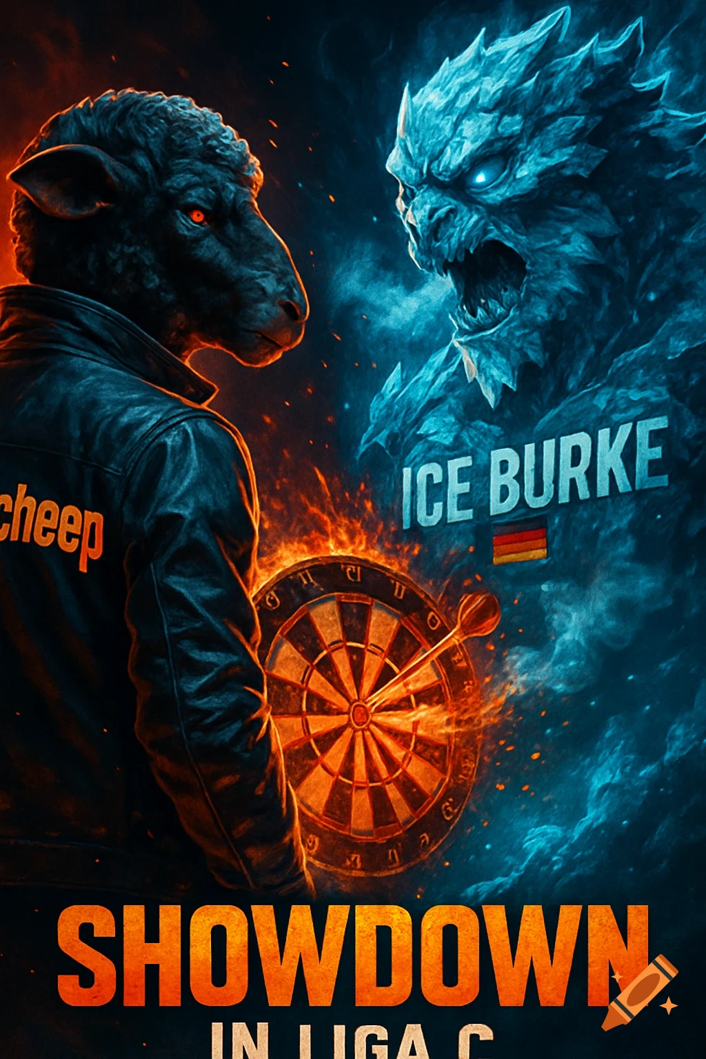 Epic poster featuring a black sheep in a leather jacket and an ice monster facing a flaming dartboard. Text reads "Showdown in Liga C" and "ICE BURKE" with a German flag.