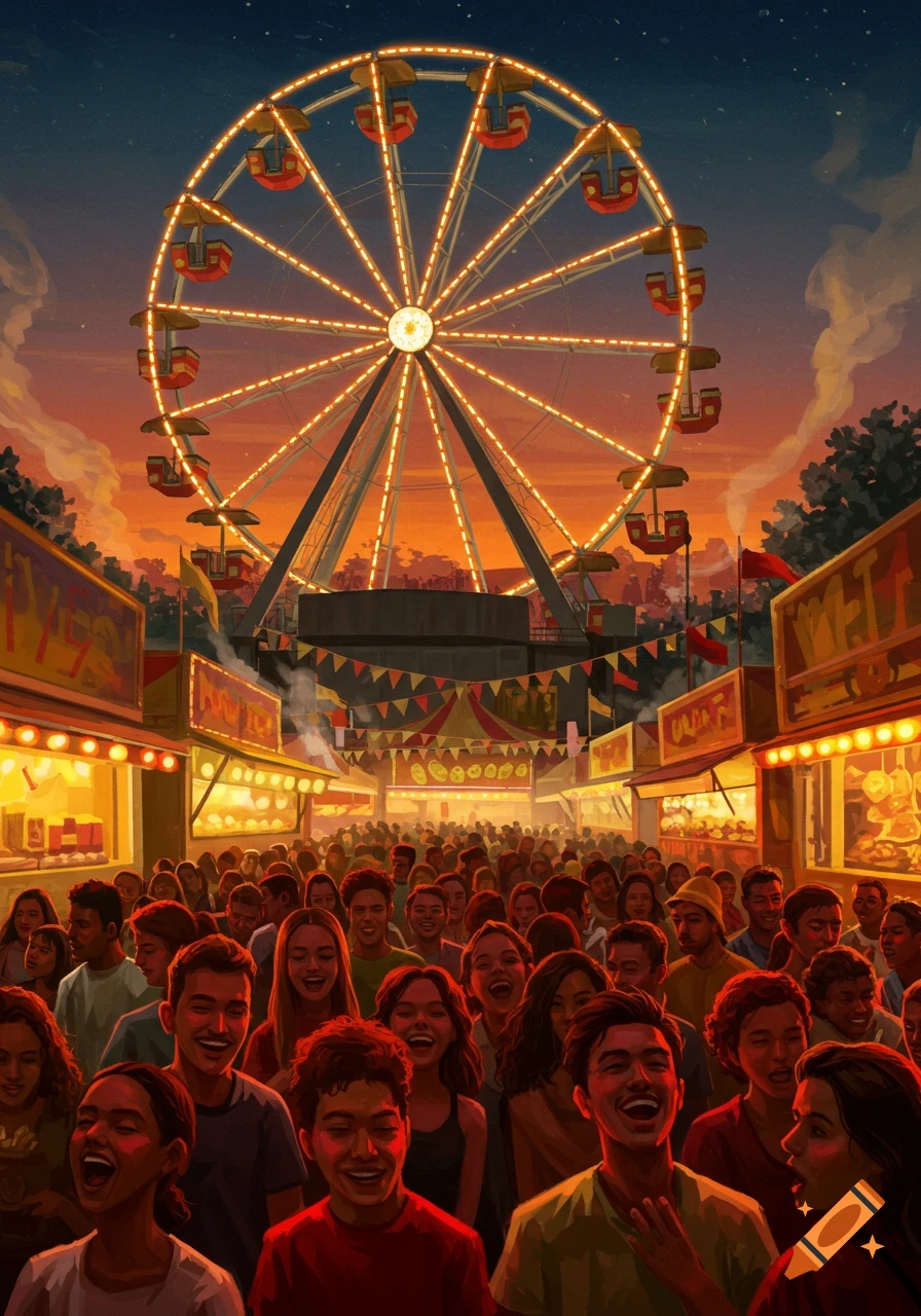 A vibrant, crowded fairground at dusk, with a large illuminated Ferris wheel towering over stalls and joyful people below.