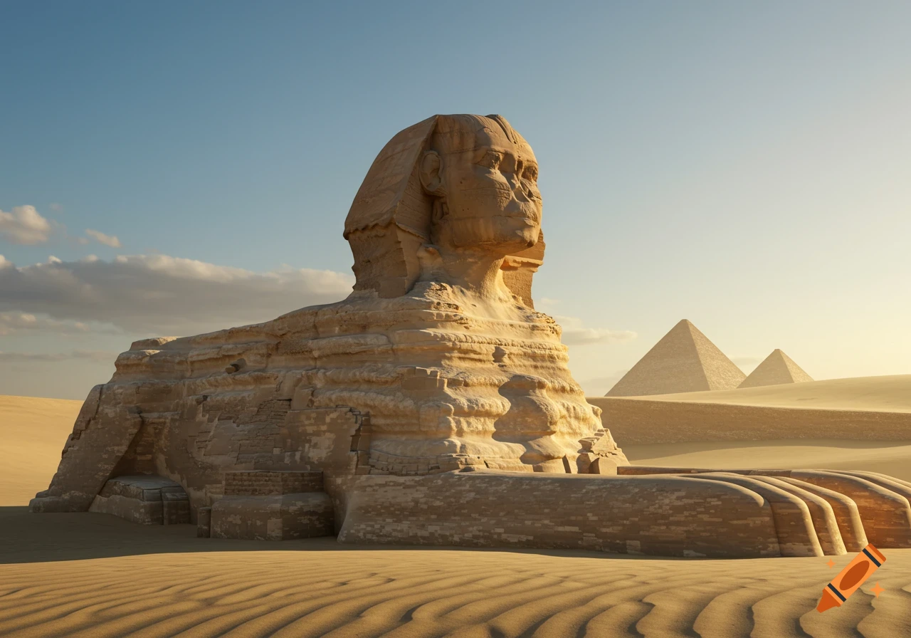 A photorealistic depiction of the Great Sphinx in a sandy desert, with two pyramids in the background under a clear sky with warm sunlight.