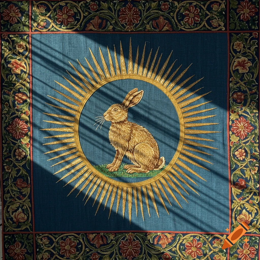 A medieval historical tapestry featuring a rabbit sitting in profile within a flaring sun, surrounded by floral borders and bathed in sunlight.