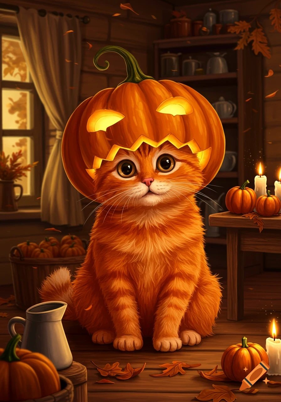 A cute orange tabby cat with large eyes wears a carved pumpkin hat ...