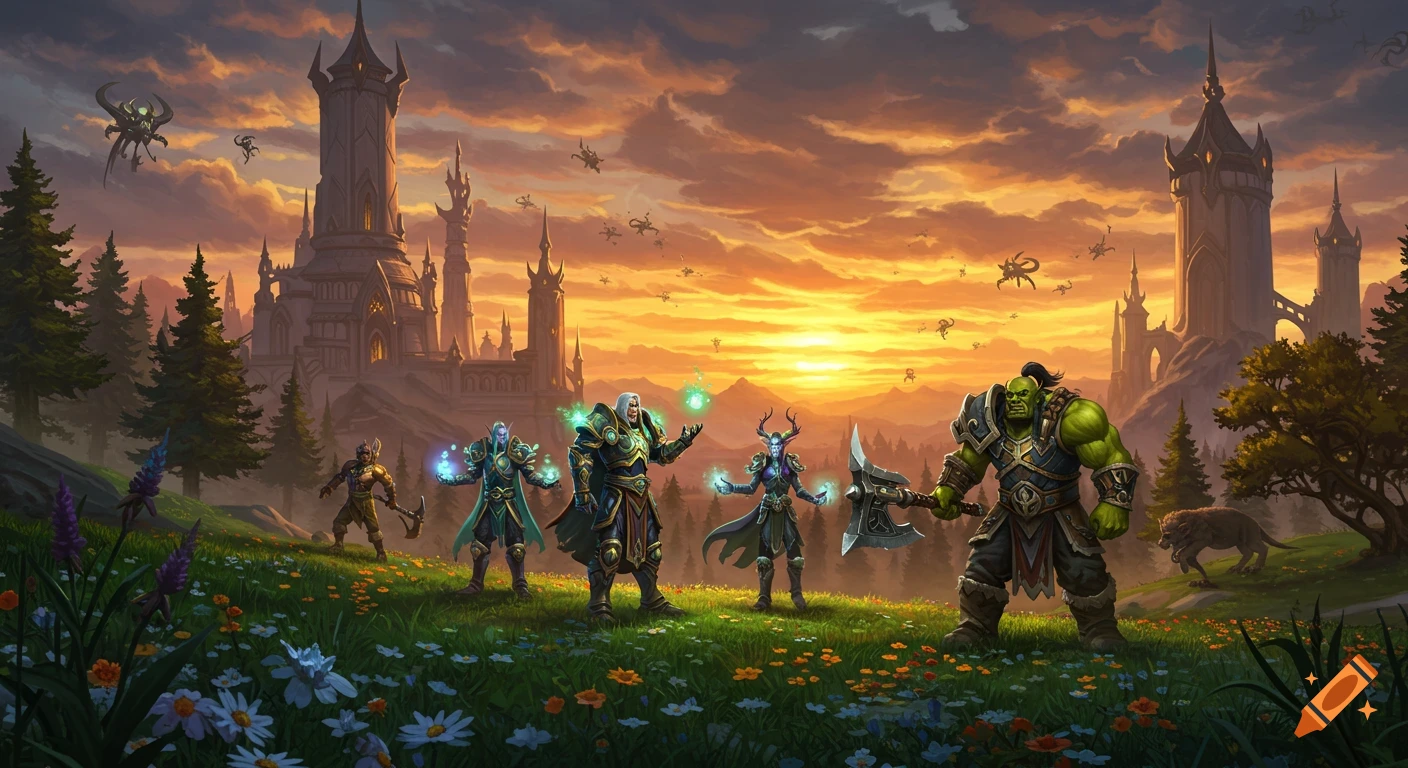 Fantasy heroes including an orc and spellcasters stand in a flowery meadow before ancient castles at sunset, with flying creatures in the sky.