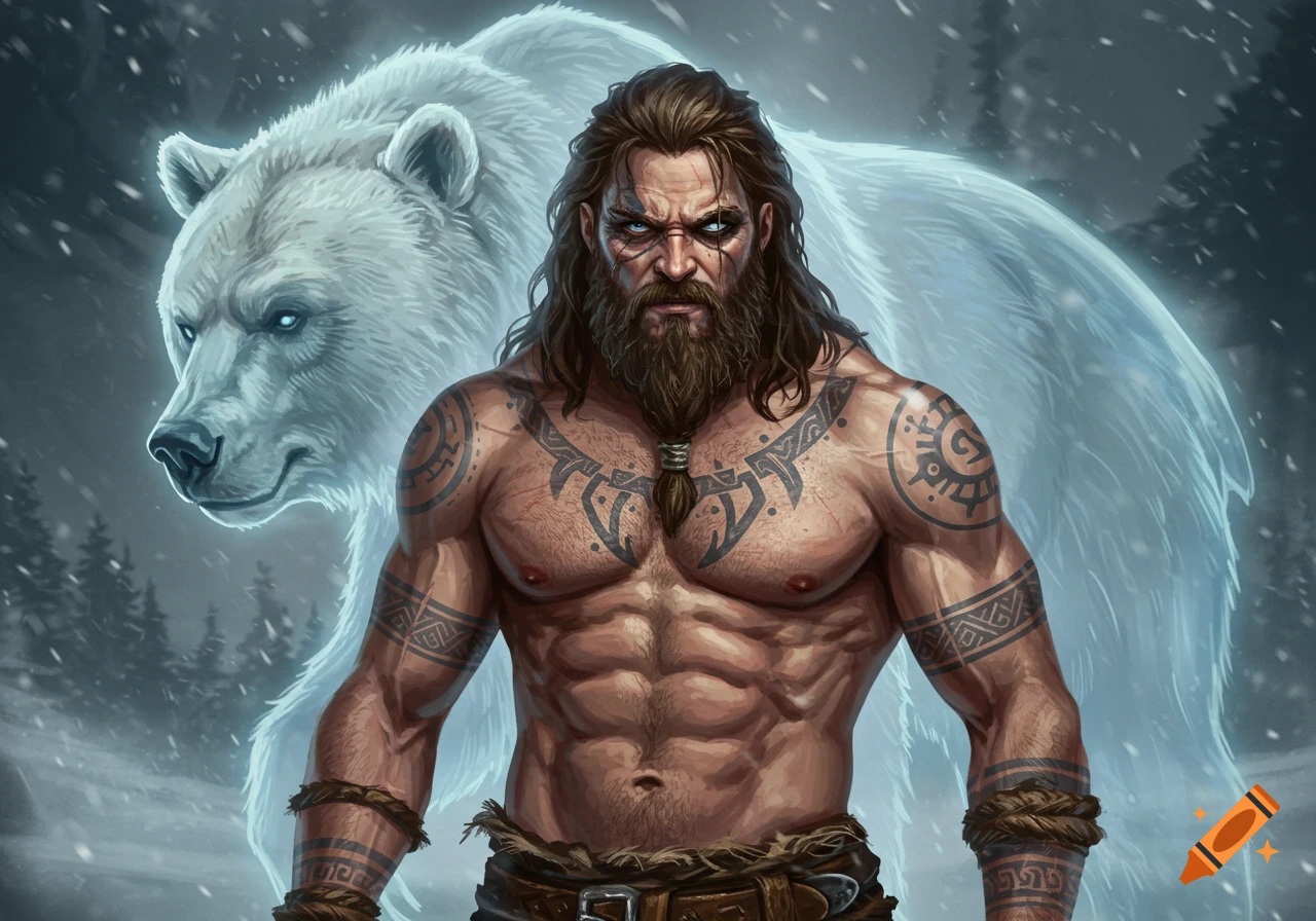 Muscular Viking man with tribal tattoos and a beard, in a snowy forest with a spectral polar bear behind him.