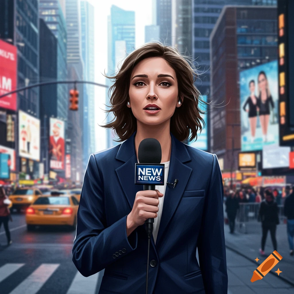 A female news reporter in a blue suit holds a microphone with 'NEW NEWS' on it, standing in a busy city street.