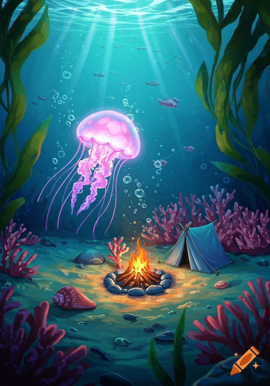 A vibrant illustration of a glowing pink jellyfish above an underwater campsite with a campfire and tent, surrounded by coral and kelp.