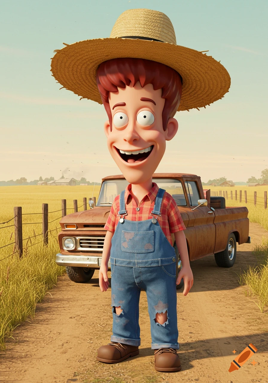 A 3D cartoon man with red hair, straw hat, plaid shirt, and ripped overalls stands on a dirt road in front of a rusty pickup truck and a field.