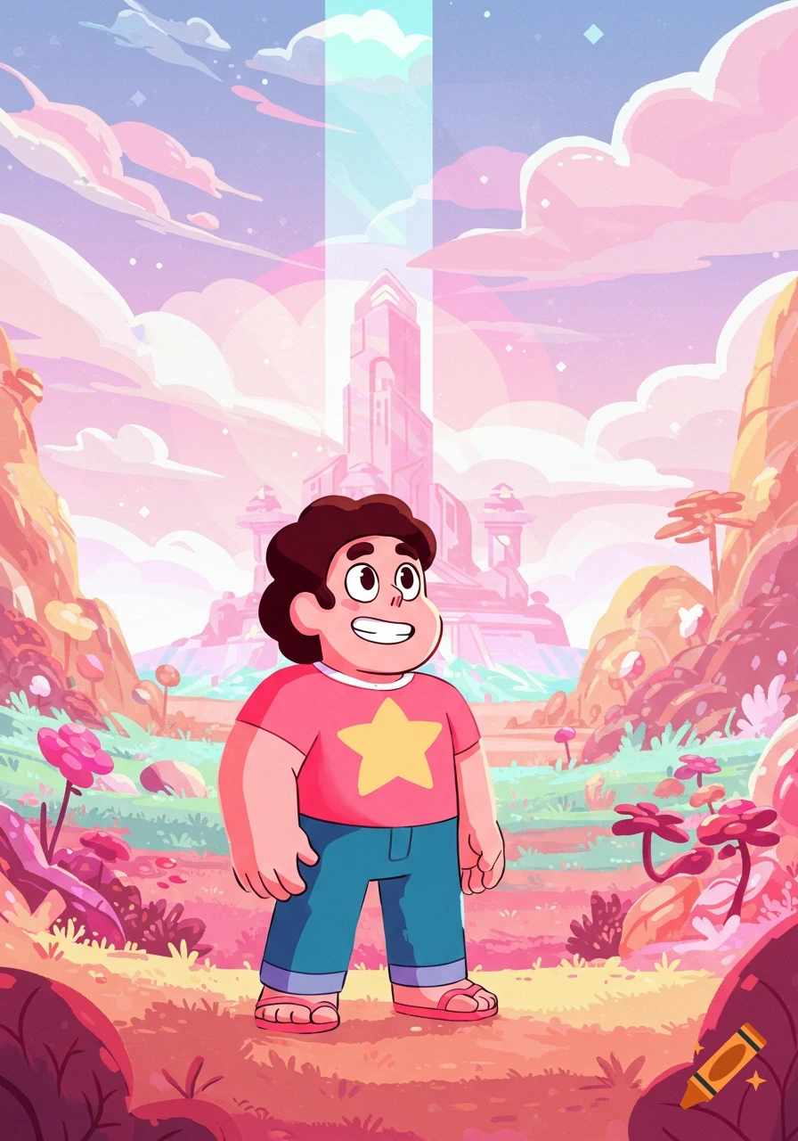 Steven Universe, a cartoon character, stands smiling in a vibrant, pastel pink and purple fantasy landscape with a towering structure in the background.