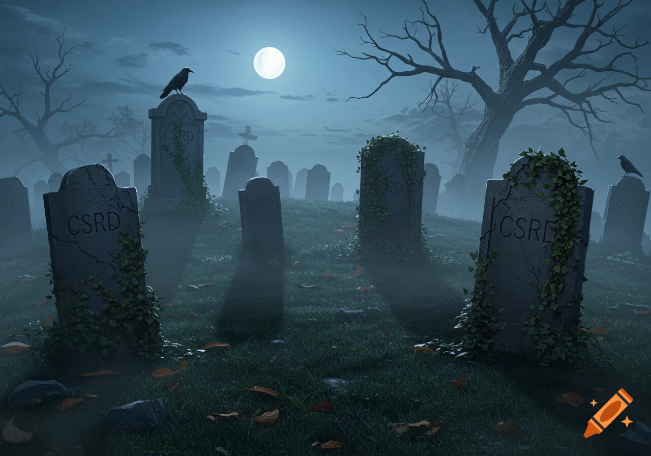 A spooky graveyard scene at night with a full moon, barren trees, and several gravestones bearing the text "CSRD" shrouded in mist.